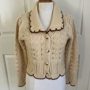 Mad Love Knit Cardigan in Cream with Brown Trim